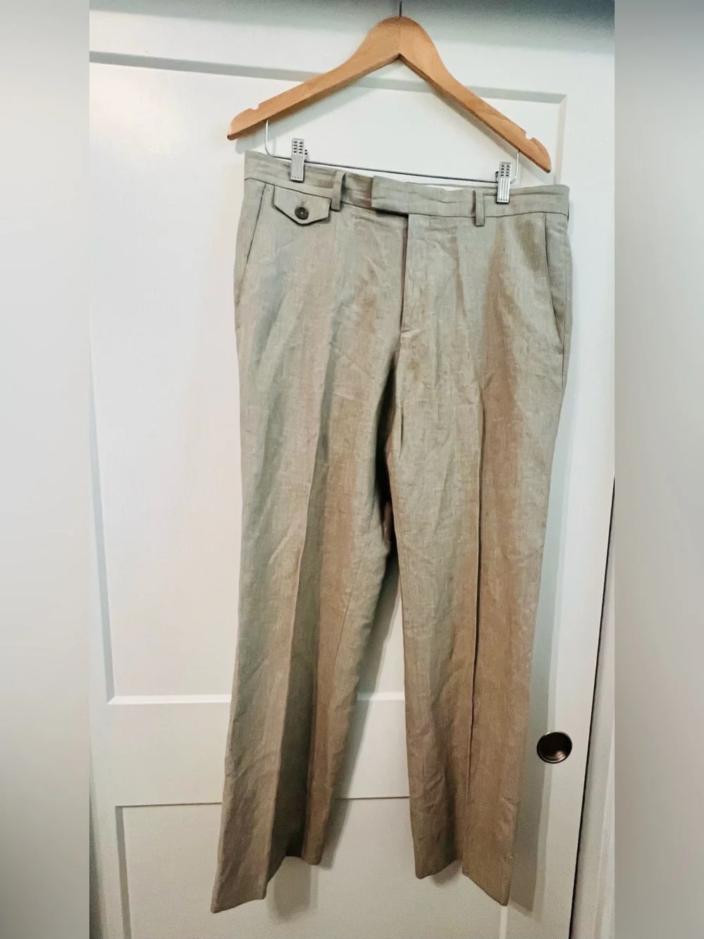Kenneth Cole Reaction Linen Blend Trousers 34x32 Taupe Flat Front Chinos